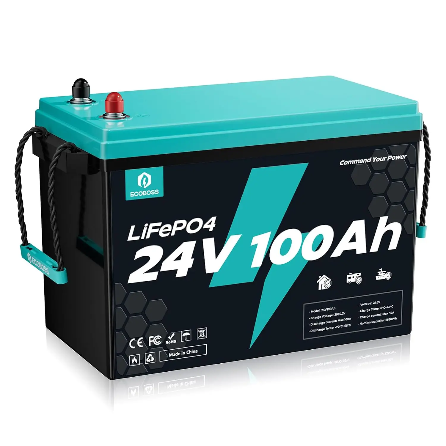 24V 100Ah LiFePO4 Battery 2560Wh Deep Cycle 100A BMS 15000+ Cycles Low-Temp Cutoff Solar RV Backup Off Grid, Customized