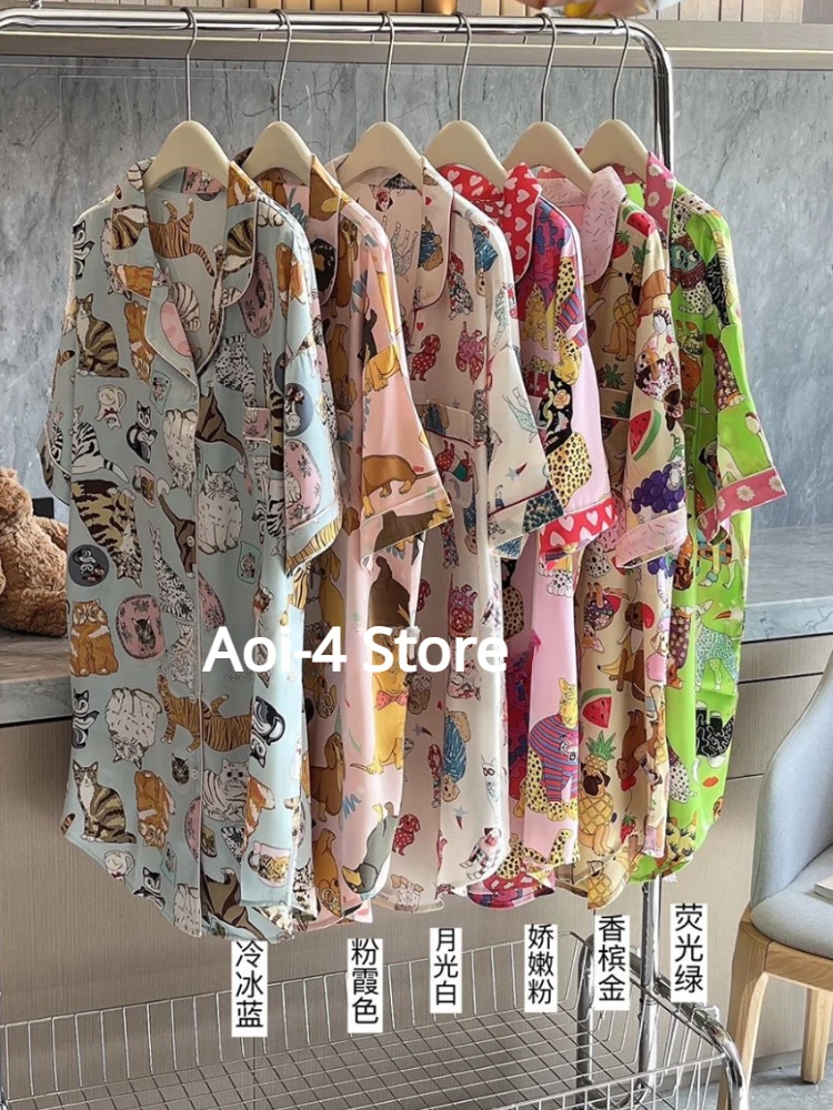 2024 Thin Cartoon Ice Silk Shirt Nightdress Women\'s Summer Sexy Mid-Length Loose Outer Wearing Pajamas Skirt Home Clothes