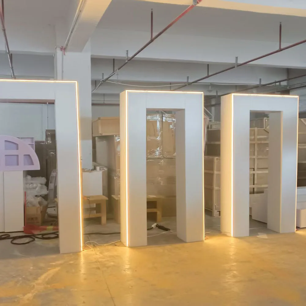 FSDDKX Customized White Arch Door Shape Square Background PVC Wedding Decoration Stage Backdrop with Light
