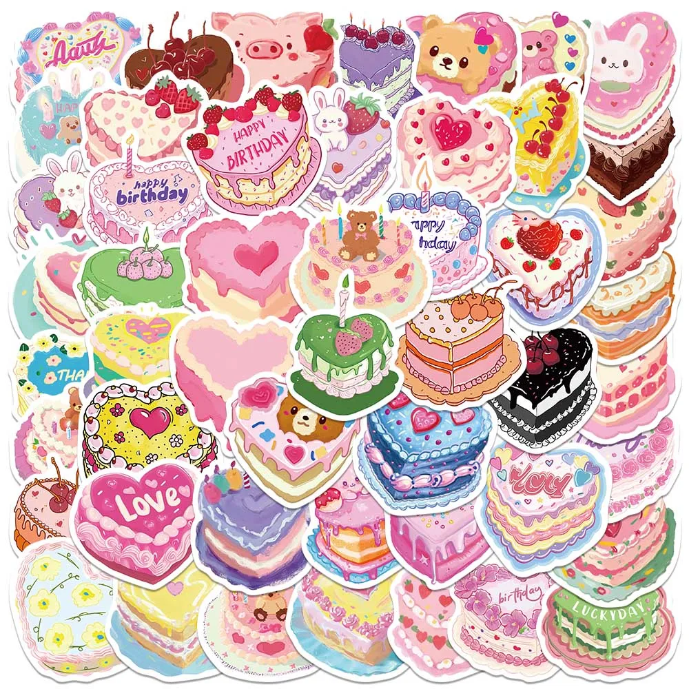 

50pcs Cute Cartoon Love Heart Birthday Cakes Stickers For Laptop Water Bottle Luggage Notebook Waterproof Graffiti Vinyl Decals