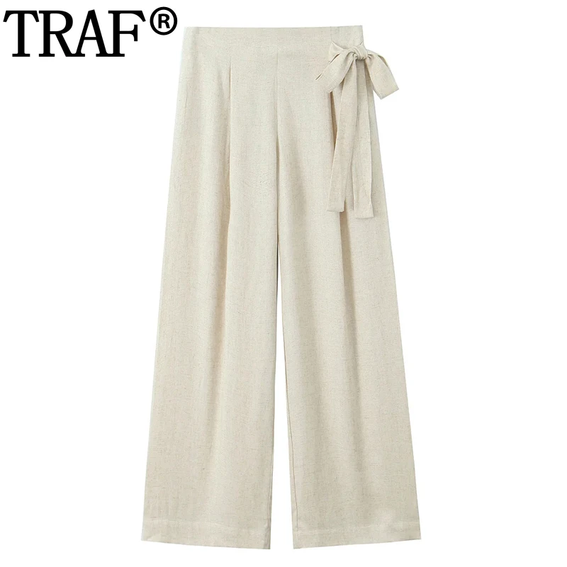 

TRAF 2024 Wide Leg Pants Women Summer High Waist Pants For Women Casual Beach Wrap Trousers Woman Tied Fluid Baggy Pants