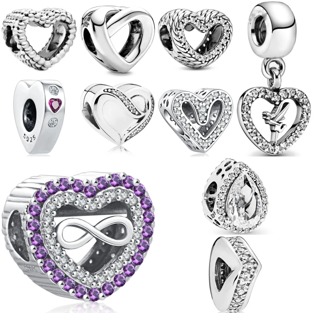 New 925 Sterling Silver Purple Hollowed-out Heart-shaped Beads Charms Fit Charm Silver 925 Original Bracelet Jewelry