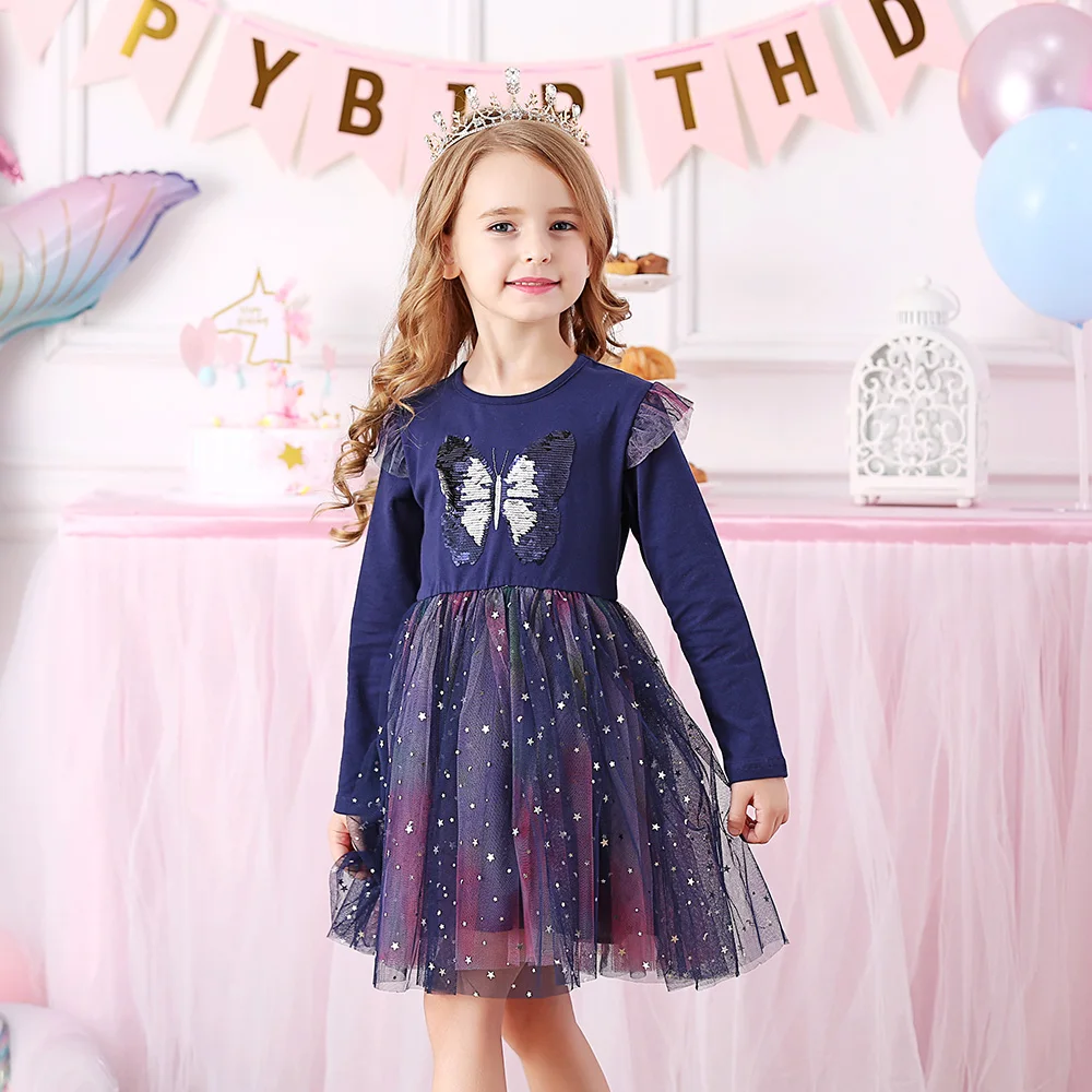 VIKITA Kids Butterfly Sequined Appliqued Dress Girls Long Sleeve Autumn Spring Vestidos Girls Mesh Tulle Party Princess Dresses