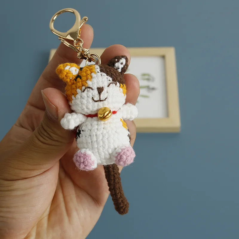 

Cute Smiling Small Cat Doll Crochet Keychains Knitted Cartoon Kitten Keyrings For Backpack Pendant Knitting Animal Doll Keychain