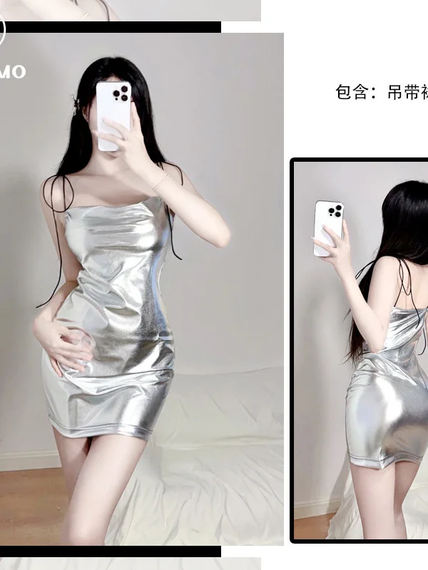 Shining Silver Nightclub Style Wrap Hip Dress Backless Fashion Slim Thin Soft Charm Sheer Sexy Uniform Passionate Women ZRIK