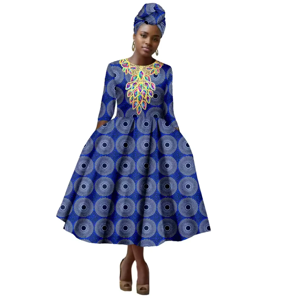 

African Women's Cotton Plus Size O-neck Colored Embroidery A-line Bazin Batik Dashiki Print Dress with Headscarf
