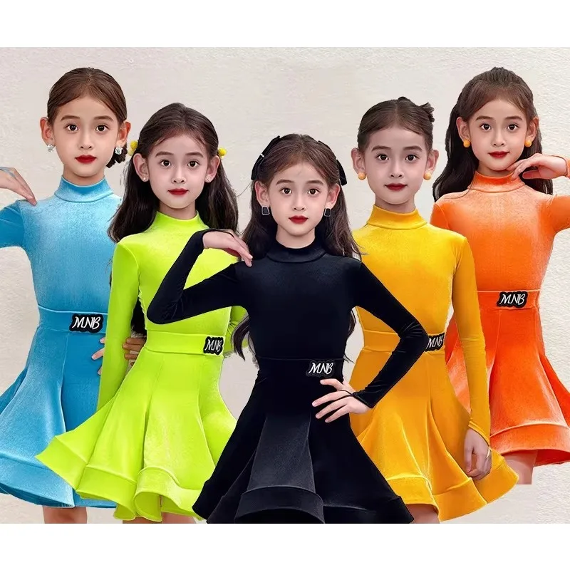 

Thin Velvet High-Neck Latin Dance Competition Costume ChaCha Dance Practice Wear Bodysuit Skirt Girls Samba Performance Clothing
