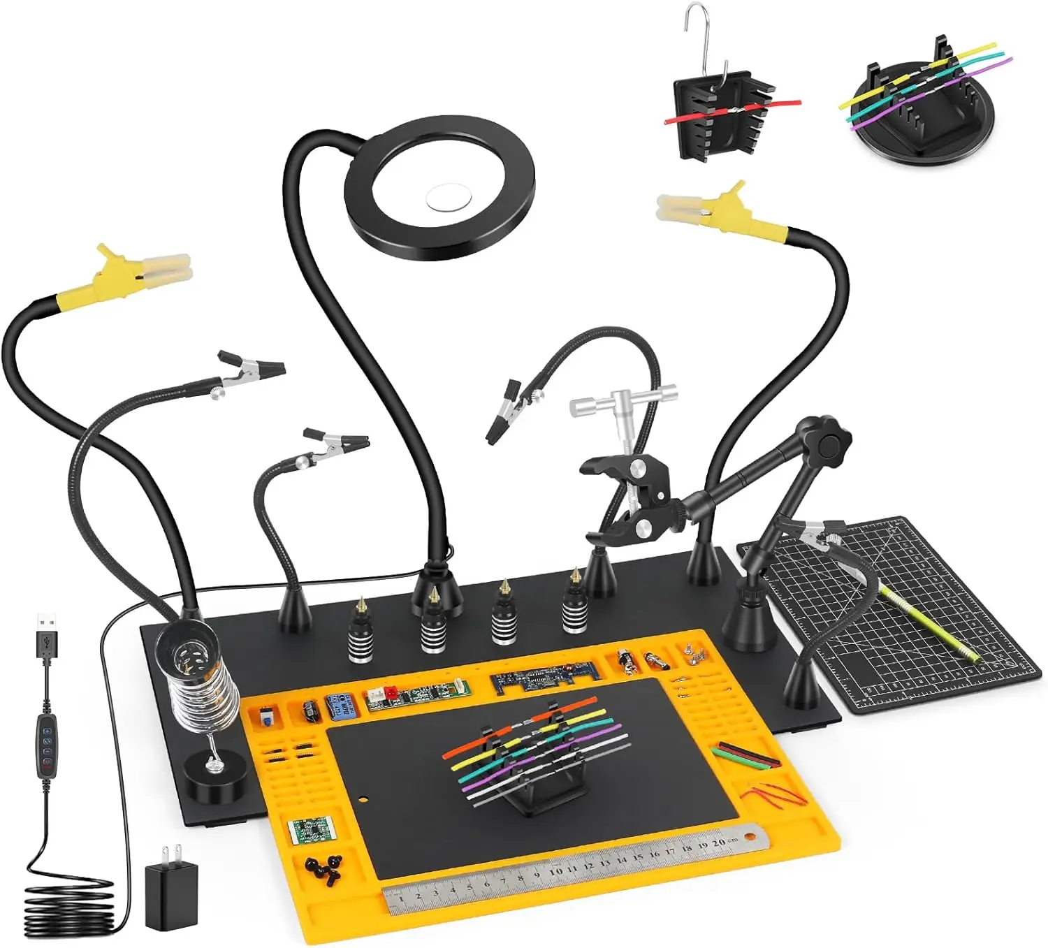 

Паяльная станция для помощи рук со стальным основанием, силиконовая накладка, 10 магнитных аксессуаров, лупа 10X/5X для печатных плат, ювелирных изделий Crafti
