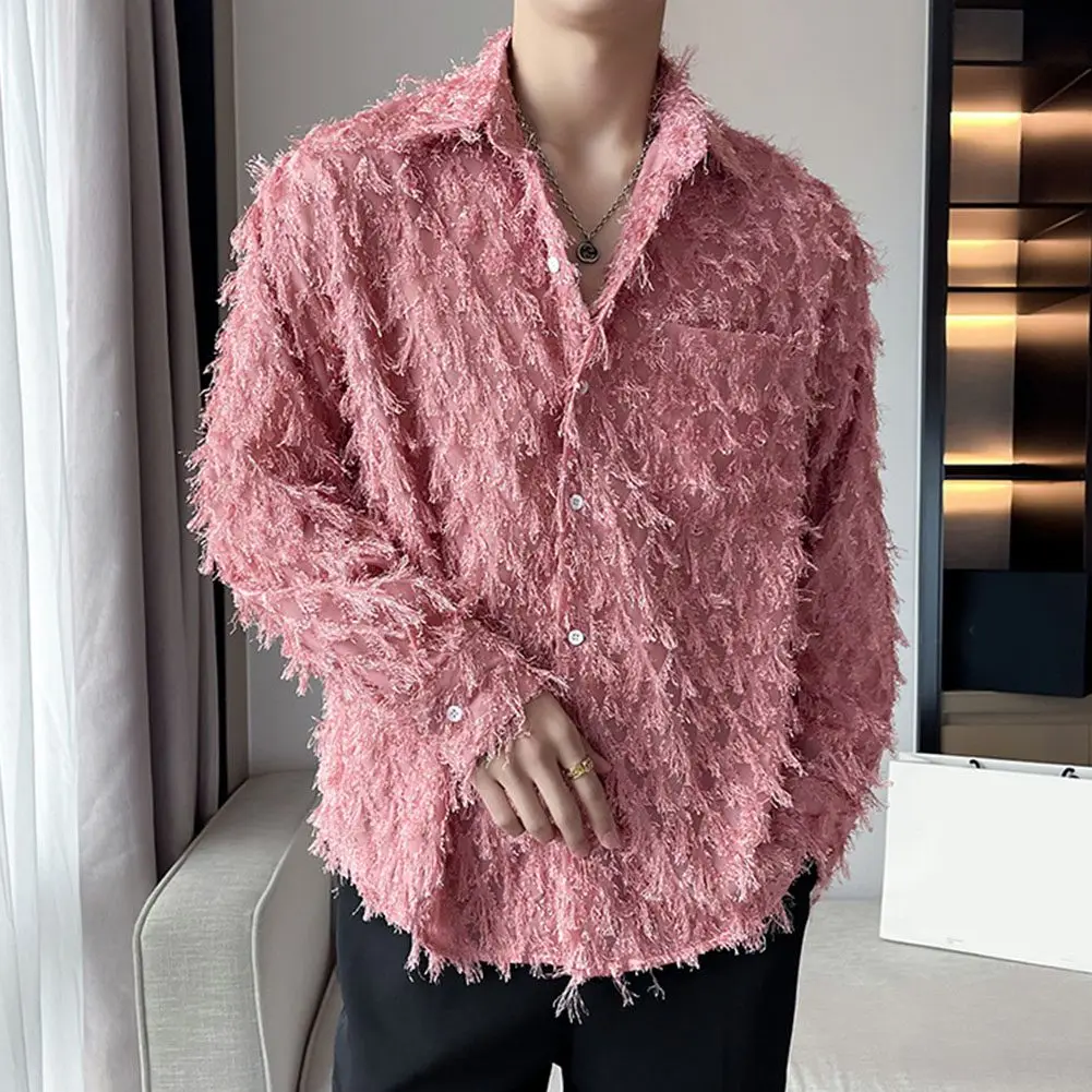 Casual Vacation Mens Long Sleeve Shirt Tassel Design Tops Fashionable Elegant Shirt For Men M Splicing Shirt Casual Style