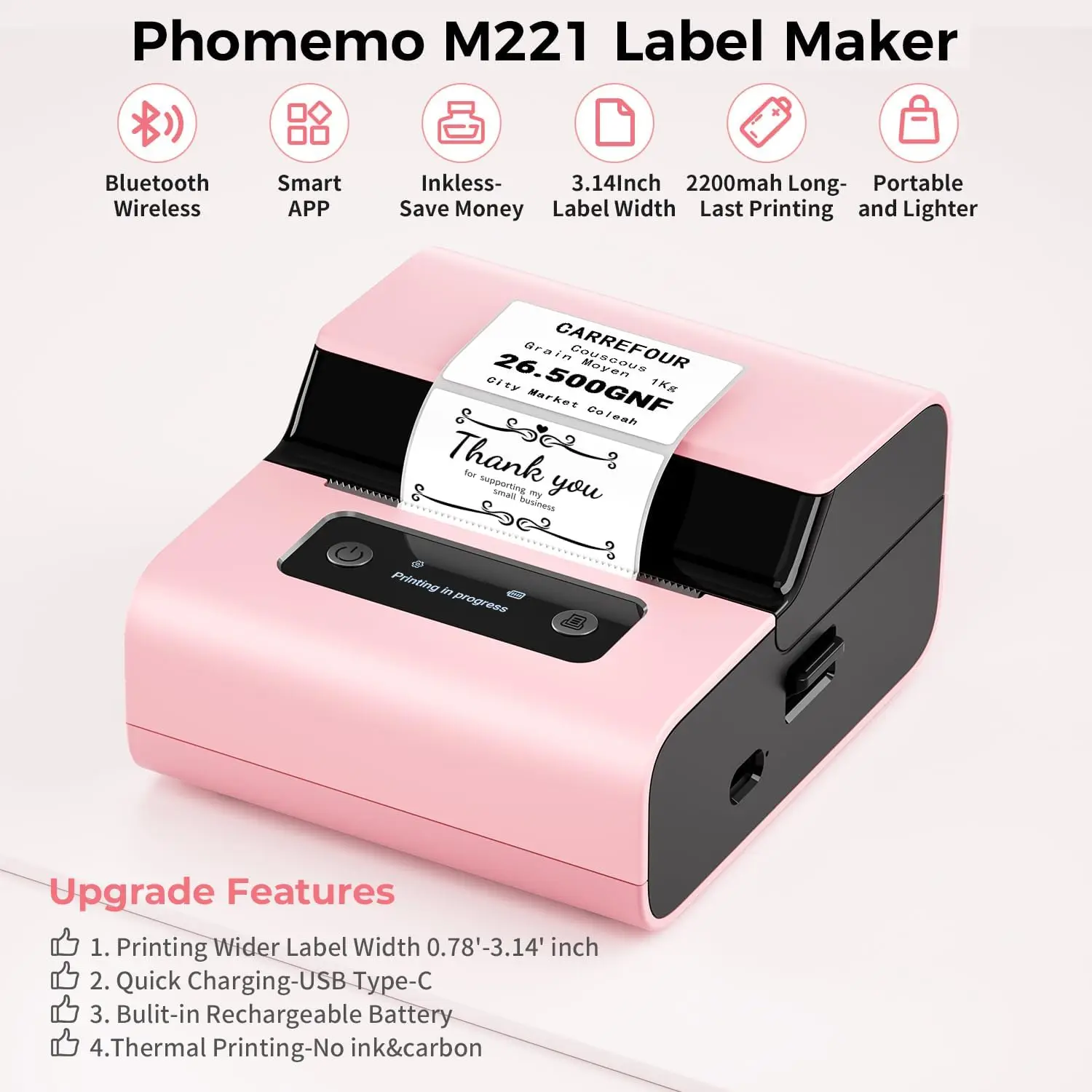 Imagem -02 - Impressora de Código de Barras Portátil Rosa Atualização Bluetooth Térmica Inkless Label Maker Suporte a Telefone e pc Phomemo-m221