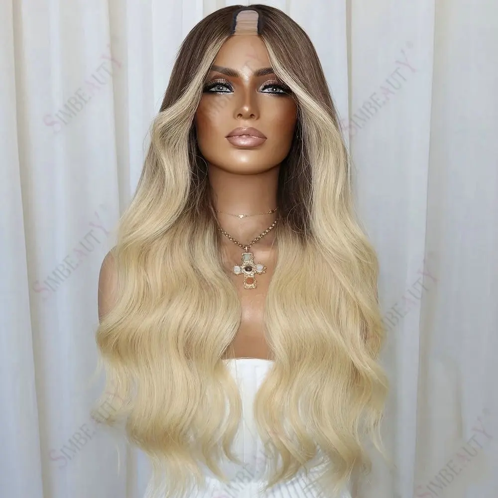 Braune Wurzeln Ombre Blonde Klebefreie V-Teil-Perücke aus Echthaar für Frauen, Einfach zu Tragen, Verstellbar, 1x4 U-Teil-Perücken, 100% Brasilianisches Jungfrauenhaar – Detail 2