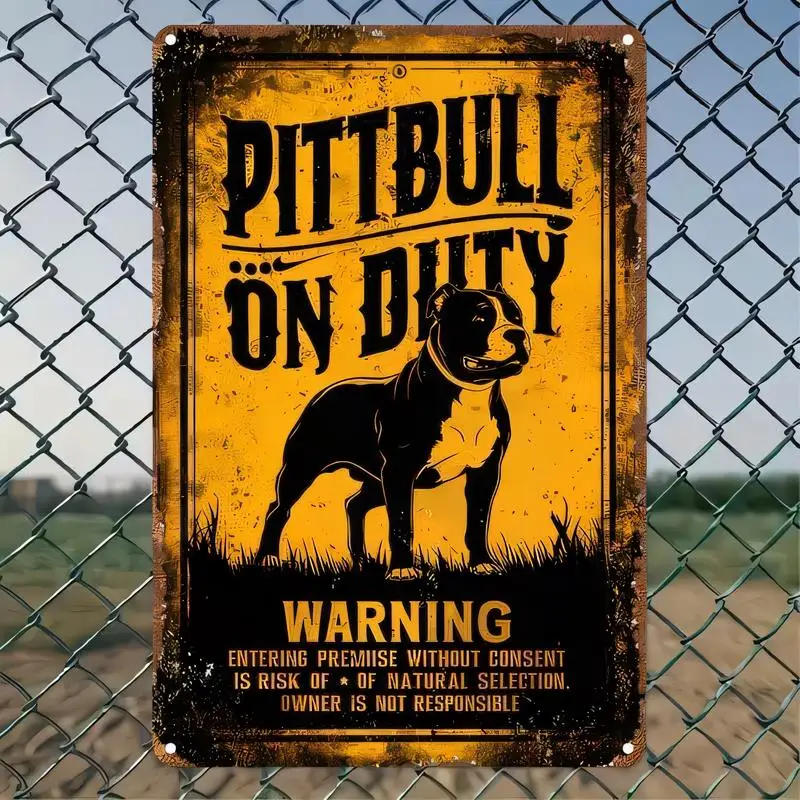 Retro Yellow - Black Pitbull On Duty Warning Metal Sign - Iron, Vintage Design, 2D Wall Art for Outdoor Fence, Yard, Home Decor