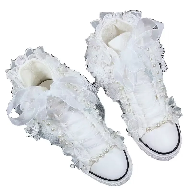 Hand-made high top white inner increase thick soles canvas shoes White pearl ribbon casual shoes large size women 35-40