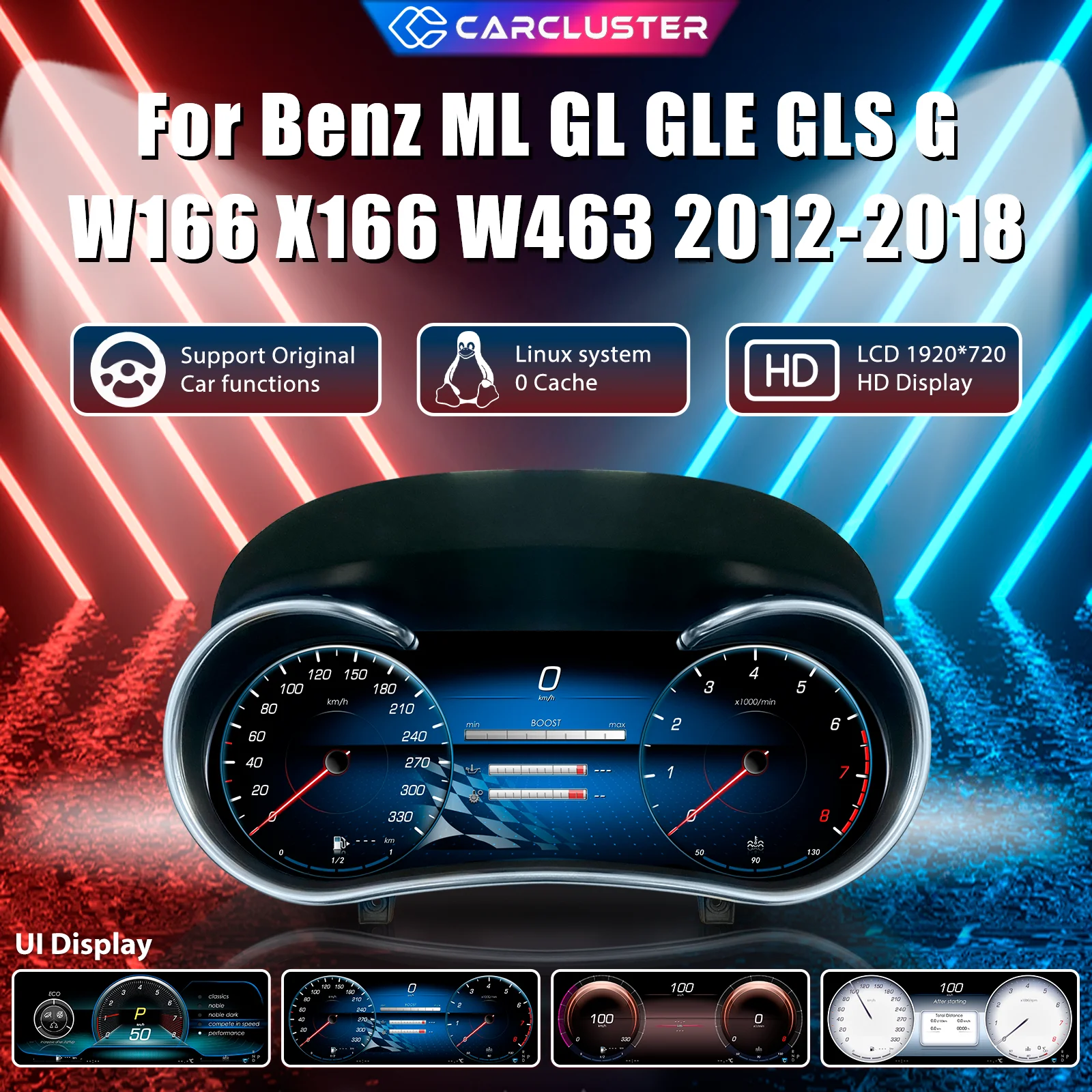 Carcluster Quadro strumenti digitale LCD da 12,3'' per Mercedes Benz ML GL GLE GLS G W166 X166 W463 Anni 2012-2018 Cruscotto digitale con supporto HDMI Carplay Radio Pannello strumenti
