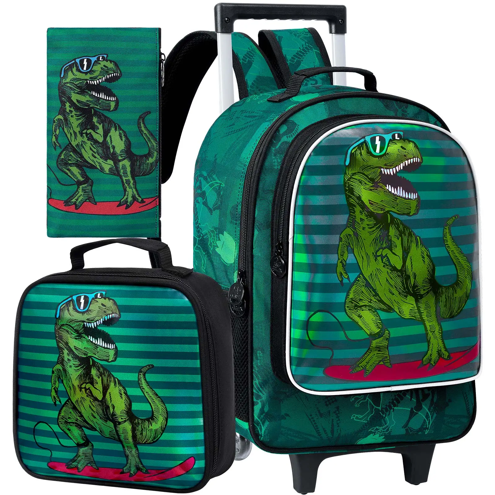 

3PCS Rolling Backpack for Boys, Kids Roller Wheels Bookbag, Wheeled School Bag with Lunch Bag