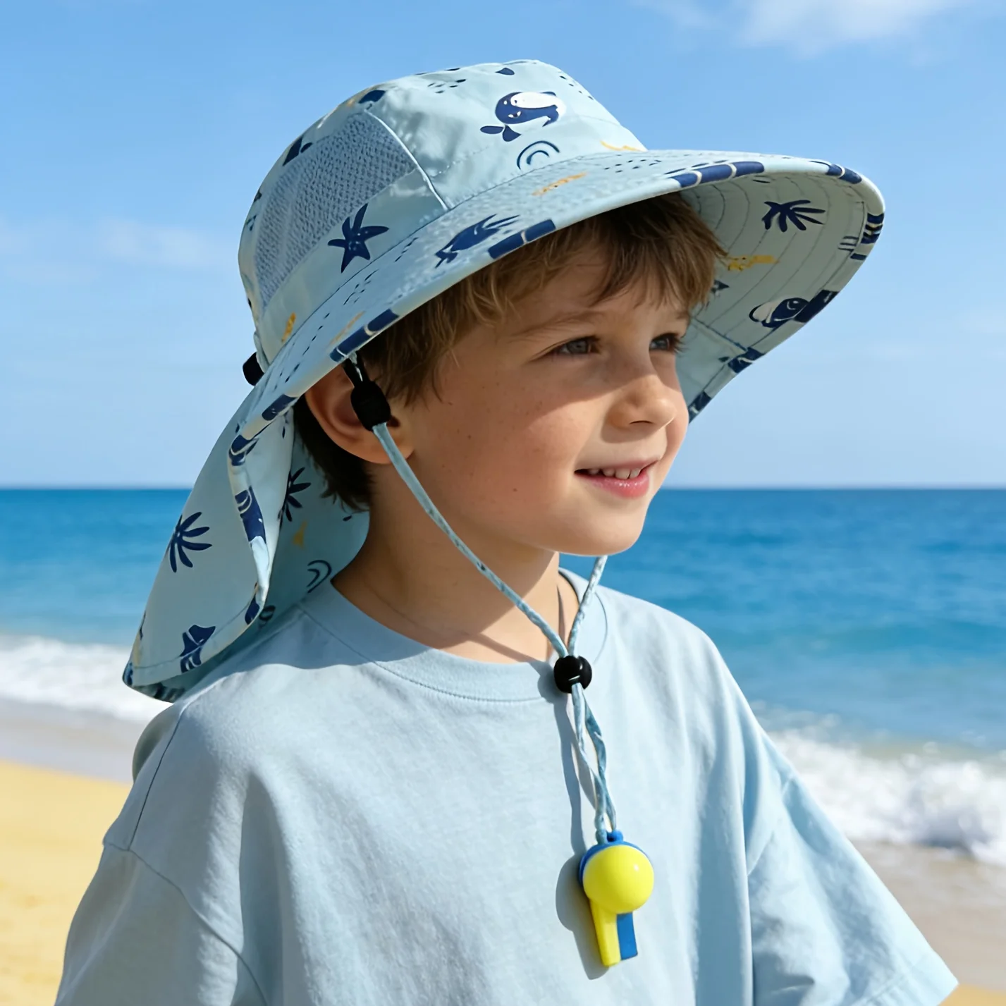 

Cute Children Sun Hat, breathable UV protection large brim cap, quick-drying shawl style for outdoor beach kids wear.