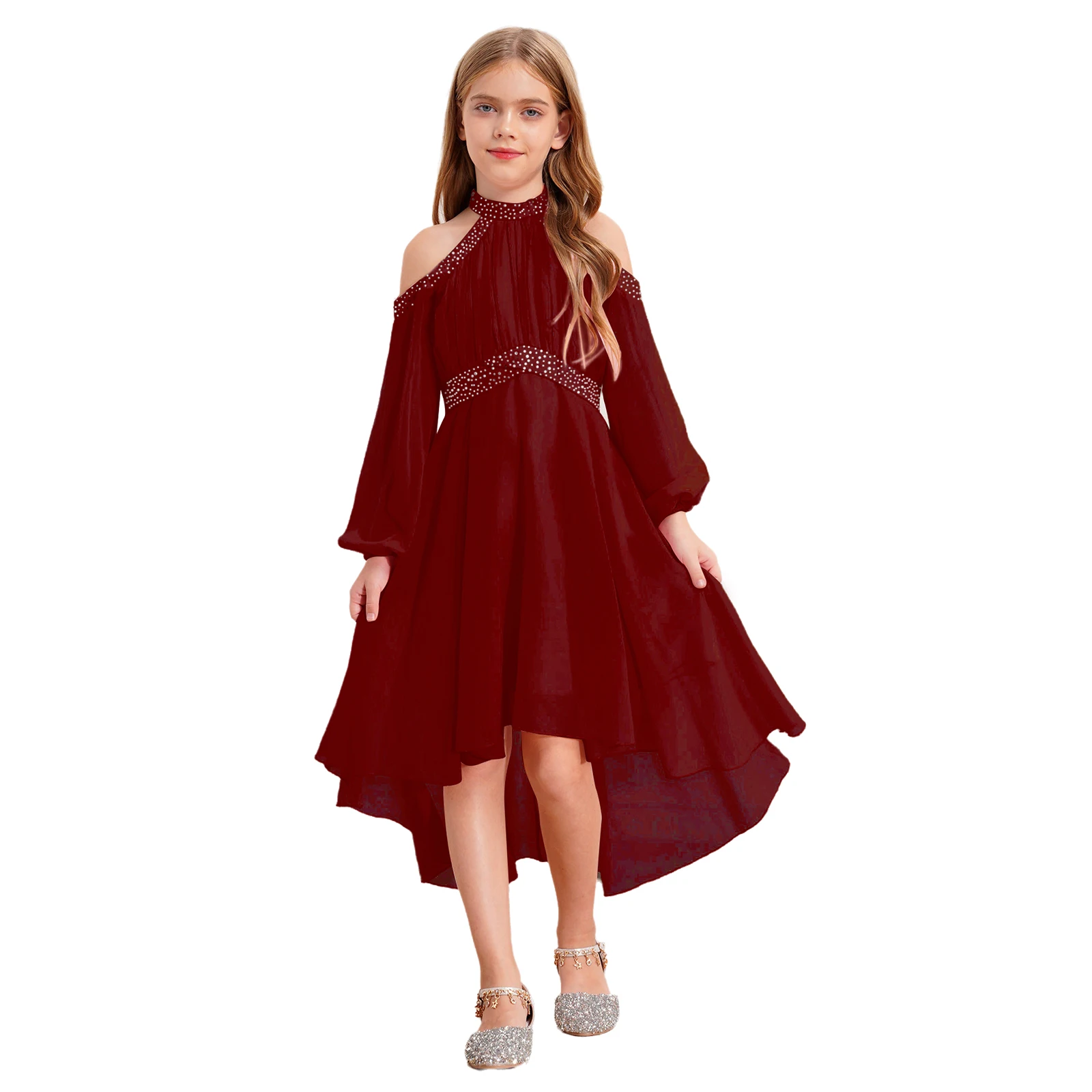 

Children Girls Party Dress Halter Off-shoulder Long Sleeve Ruffled Irregular Hem Fake Diamond Solid Color Dress for Wedding Prom