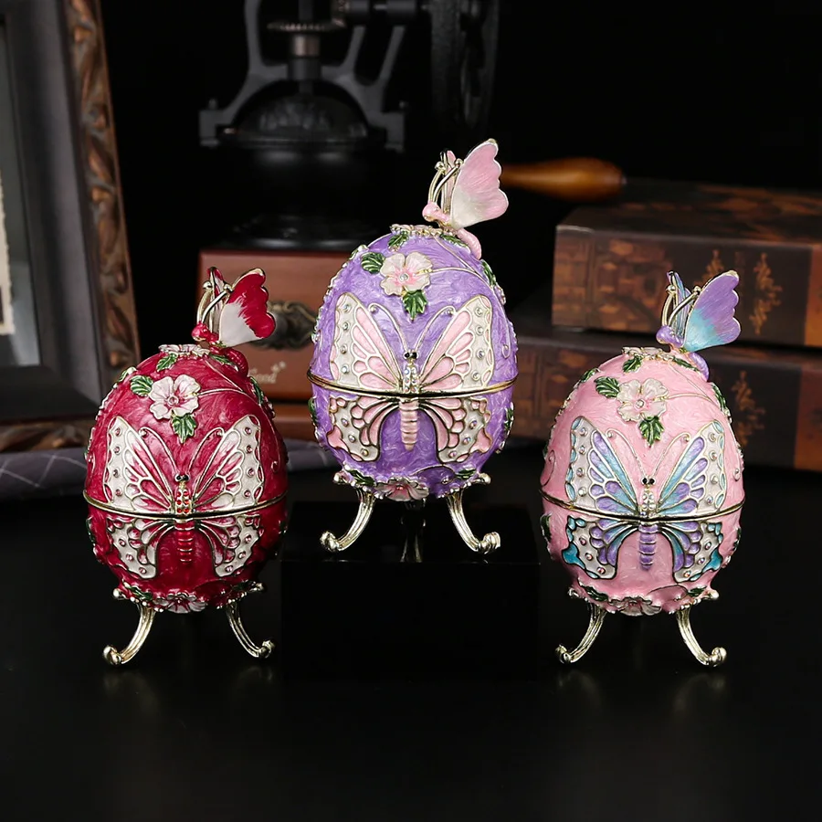 Hand-Painted Flower & Butterfly Pattern Easter Style Egg-Shaped Jewelry Box Hinged Jeweled Storage for Girls