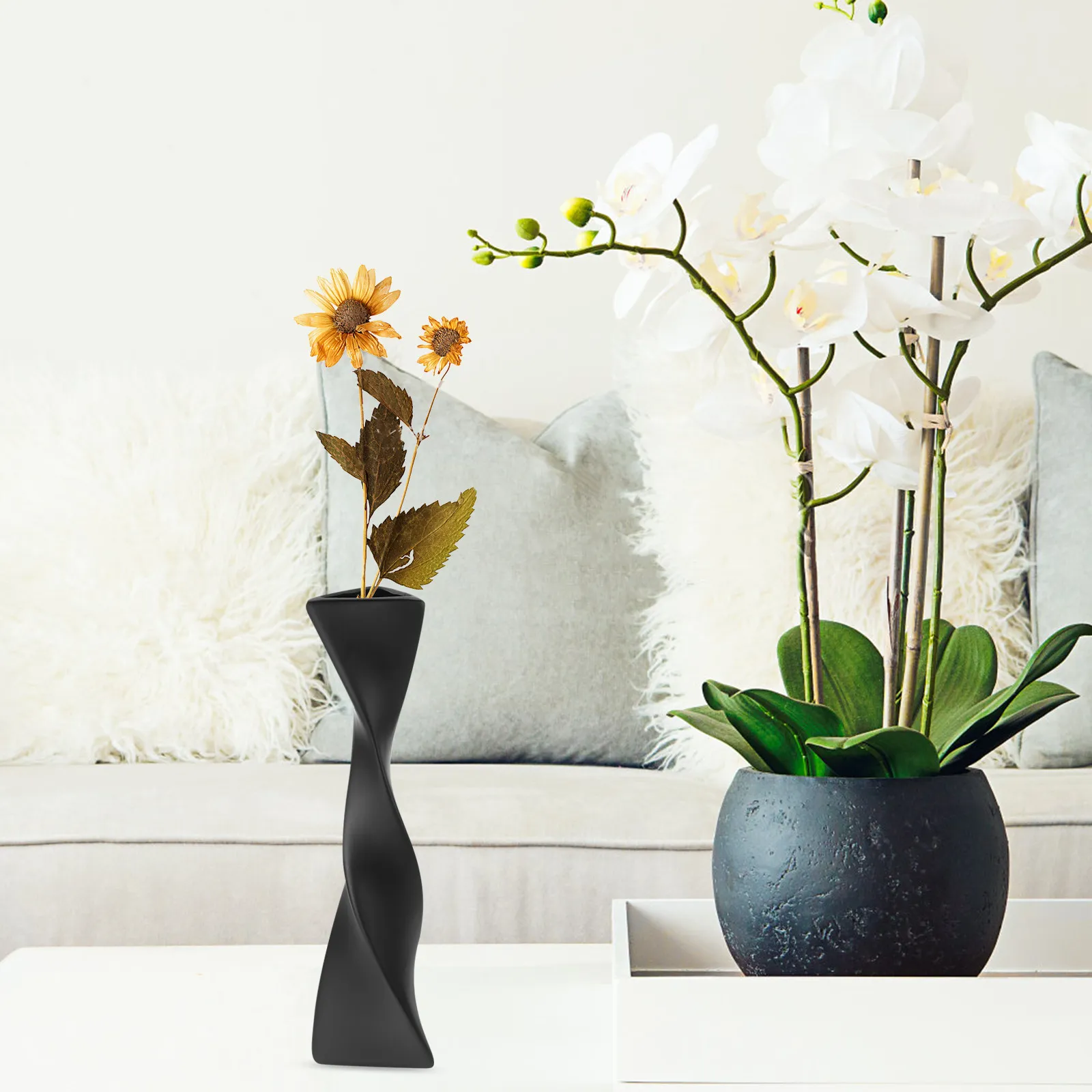 Modern Ceramic Vase Tall Neutral Tone Flower Vase for Pampas Grass Dried Flowers Farmhouse Table Centerpiece Bookshelf Decor