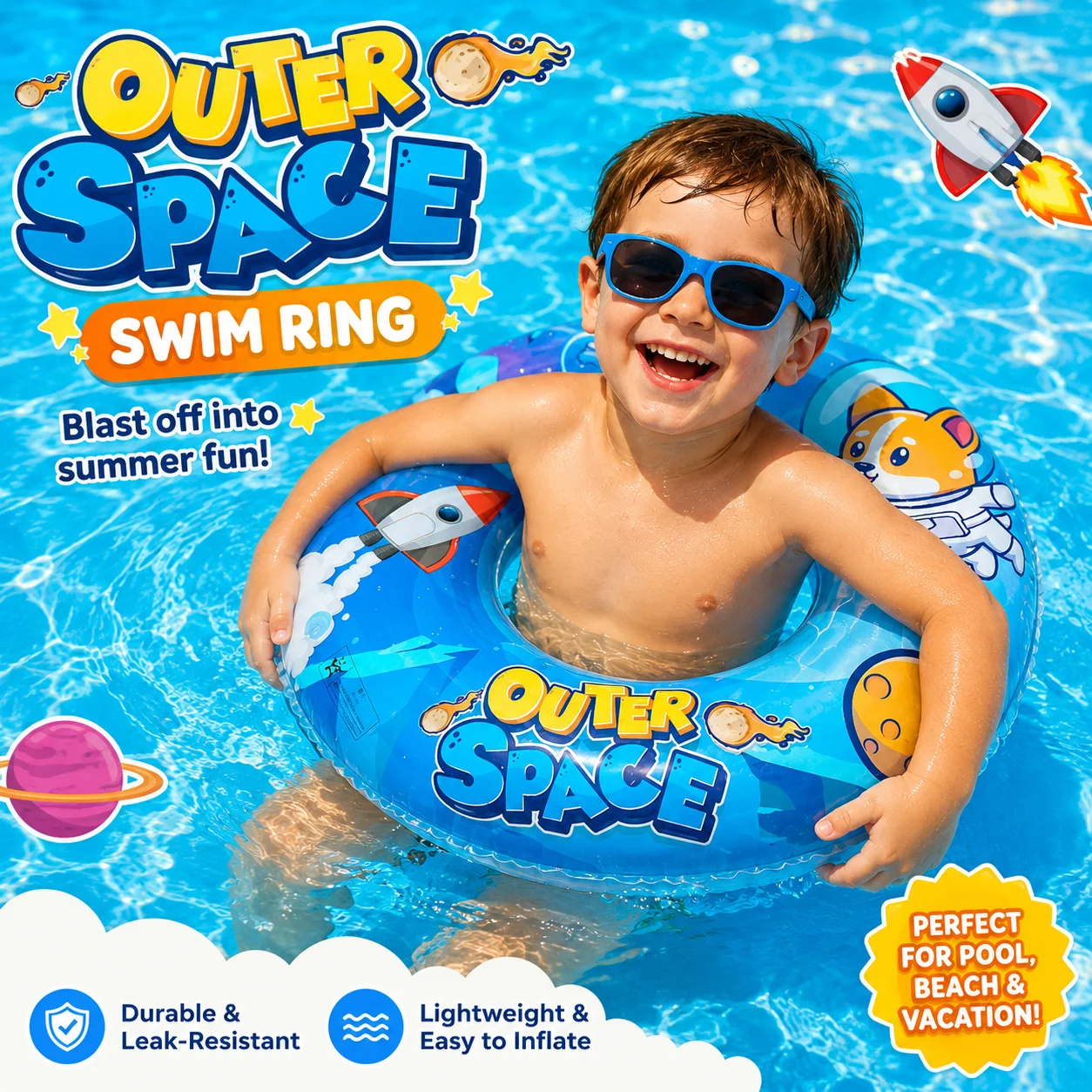 

1PC Cartoon Rocket Dog Swim Ring, Inflatable Swimming Circle， Pool Float Tube Summer Beach Toy
