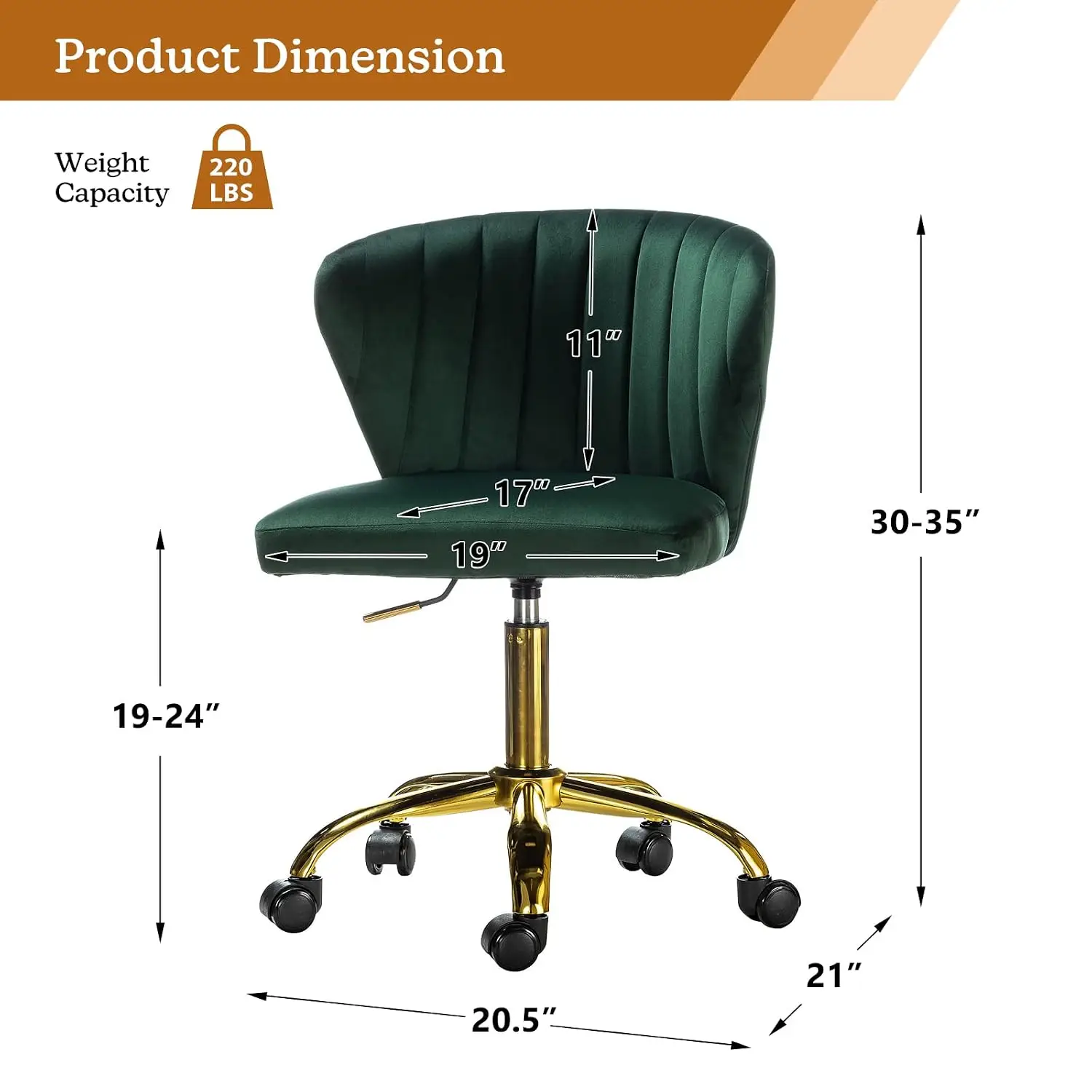 Office Desk Chairs with Wheels & Gold Base, Modern Velvet Cute Armless Office Chair, Adjustable Low Back Swivel Rolling Chair