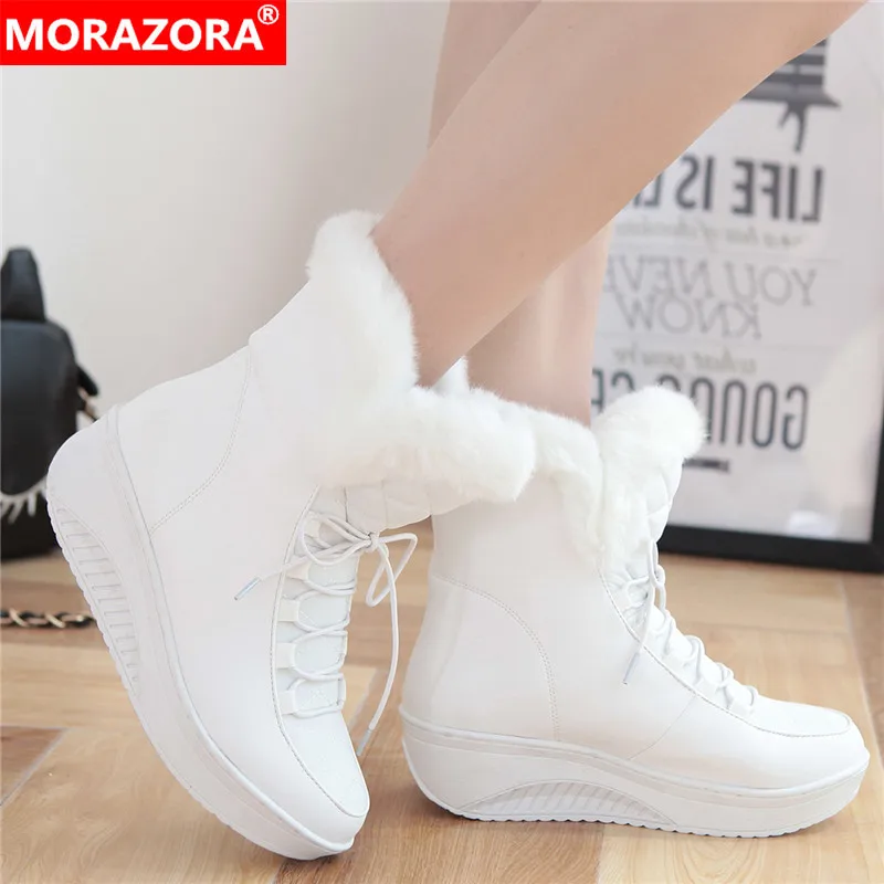 MORAZORA Plus size 35-44 New snow boots women wedges lace up ankle boots white black platform shoes warm fur winter boots female