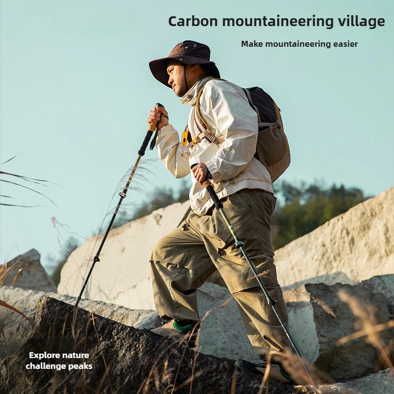 

Carbon Mountaineering Cane Ultra Light Portable Folding Outer Lock Cane Hiking Mountain Climbing Outdoor Cane Multifunctional