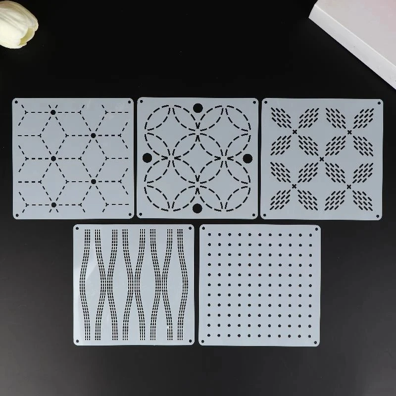 9/32 Stück Sashiko-Stickmuster-Vorlage DIY Geometrische Patchwork-Schablone Wiederverwendbare PET-Schablone Handgemachte Stickerei-Bastelwerkzeuge – Detail 7