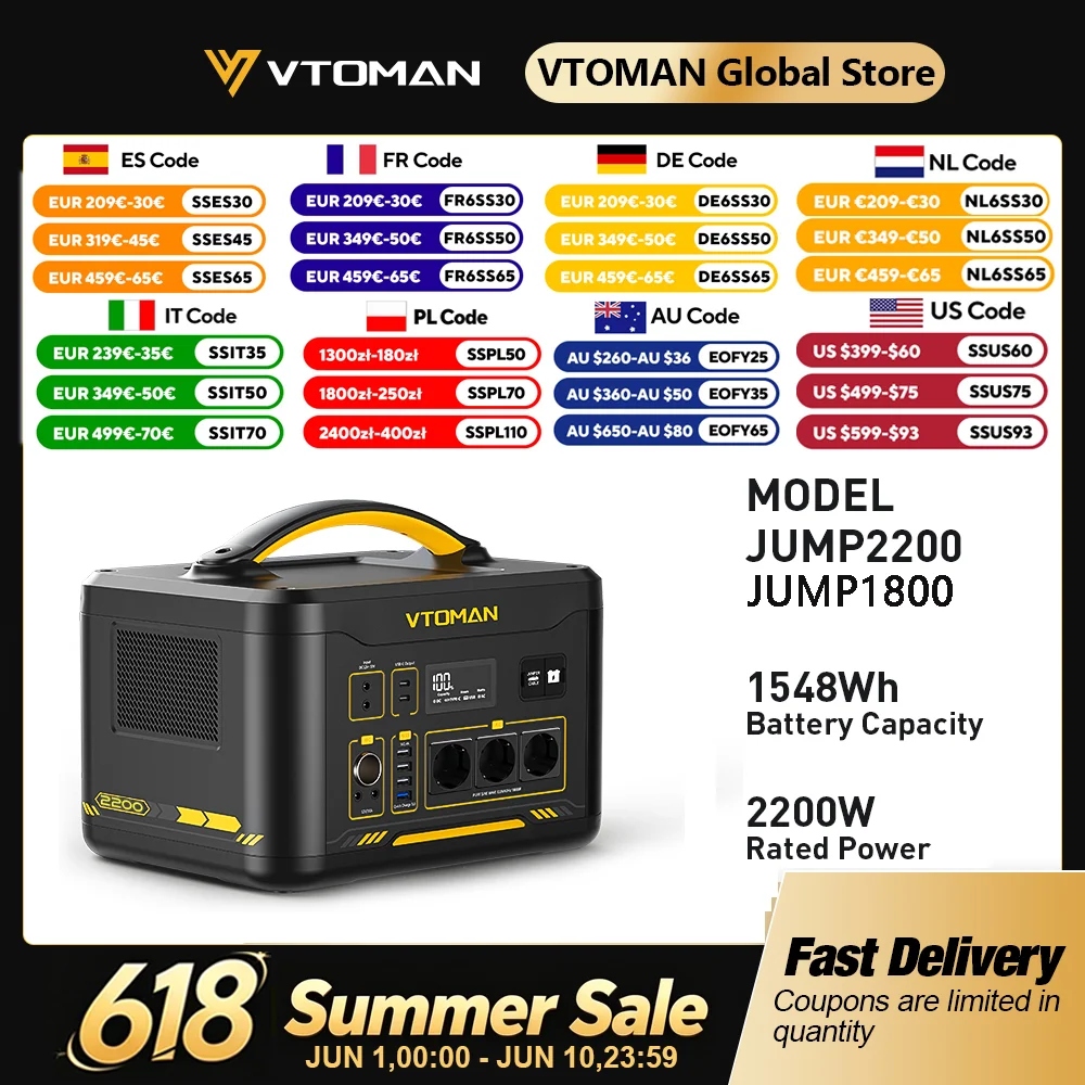 VTOMAN JUMP 2200 / JUMP 1800 centrale électrique Portable 828/1548Wh LiFeP04 batterie générateur solaire solaire pour la maison Camping en plein air