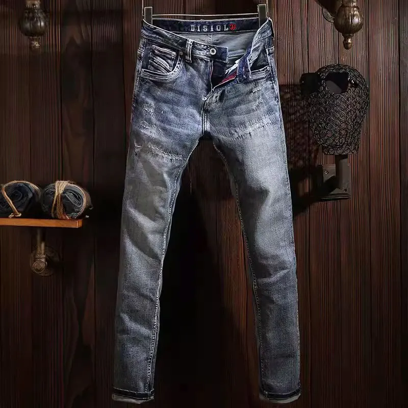 

Street Fashion Men Jeans High Quality Retro Washed Blue Stretch Slim Fit Patched Ripped Jeans Men Vintage Designer Denim Pants