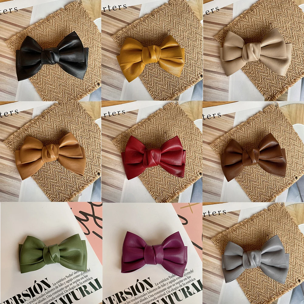 Korean Fashion Solid Color PU Leather Girls Duckbill Clips Headwear Spring Clips Hair Clips Bow Hairpin