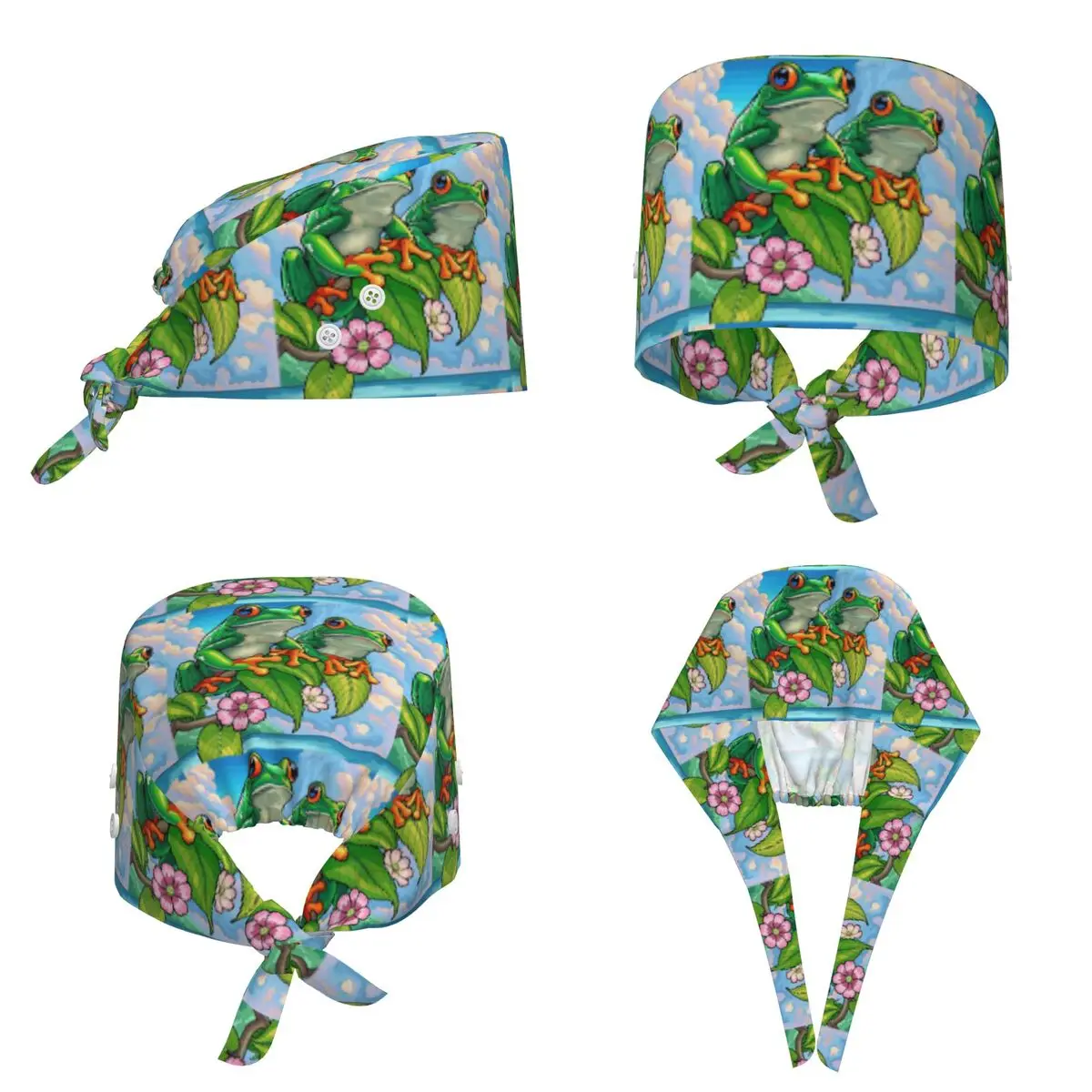 Cartoon Jungle Frogs Scrub Hat Doctor Working Surgical Cap Unisex Adjustable Nursing Caps for Dentist