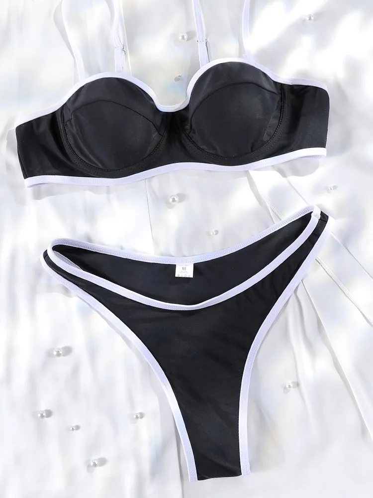 

Bordered Bandage Bikinis Solid Black Swimsuit Women 2026 Summer Swimwear Sexy Biquini Patchwork Bathing Suit Low Waist Beachwear