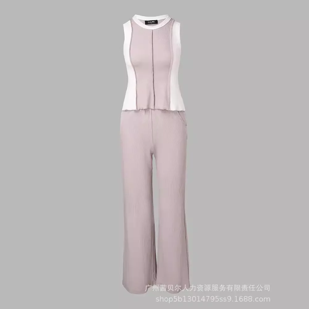 Women 2pcs Clothes Set Colorblock Ribbed Tank Top & Pocket Design Pants Set