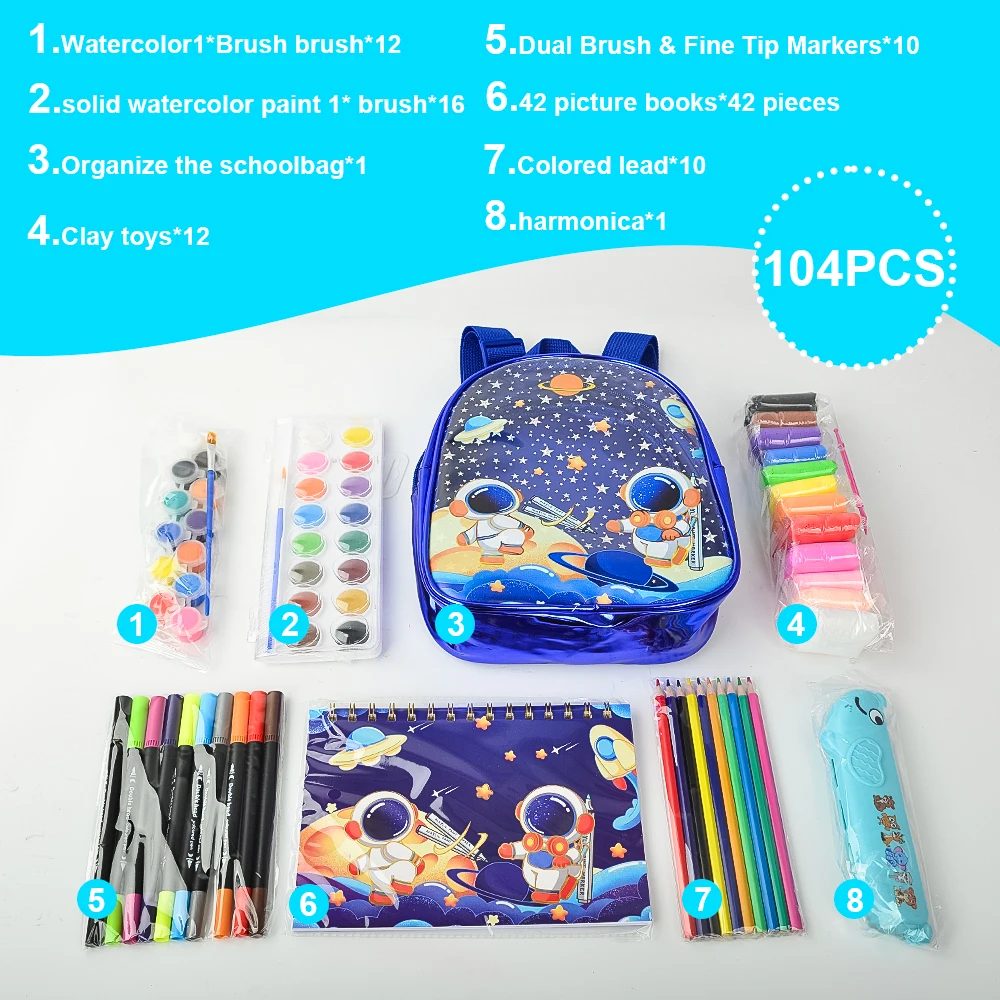 مجموعة فنية فاخرة مكونة من 104 قطع، بما في ذلك الألعاب، ومستلزمات الرسم وحقيبة مدرسية، مناسبة كهدية عيد الميلاد أو هدية للأطفال. #2