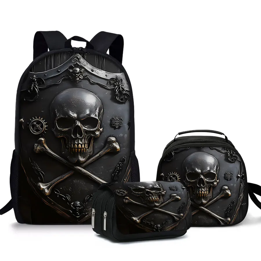 

3 Pcs Set Skull Round Lunch Bags ,Flip Pencil Bags ,School Bags for Boy/Girls Best Gifts 3D Cartoon Backpack for Children