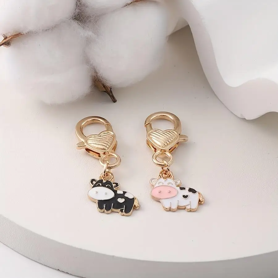 1/5/10/20/50/100pcs 1 pc / 2 pcs Black and White Cow Enamel Keychain, Handbag Charm with Lobster Clasp in the Shape of a Gold Sp