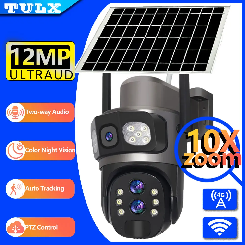 

LZJV WiFi/4G 6K UHD 12MP Dual Lens Solar Camera Outdoor Security Surveillance Cameras Solar Panel Human Detection PTZ CCTV Cam