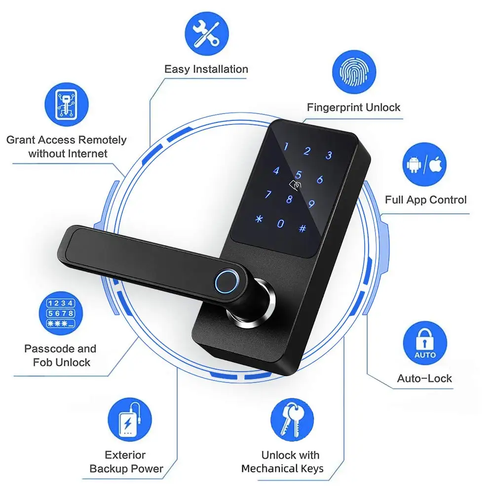 Ttlock App Keyless Entry Keypad Fingerprint Biometric Passcode Code Digital Smart Handle Door Lock Wifi Alexa Remote Control