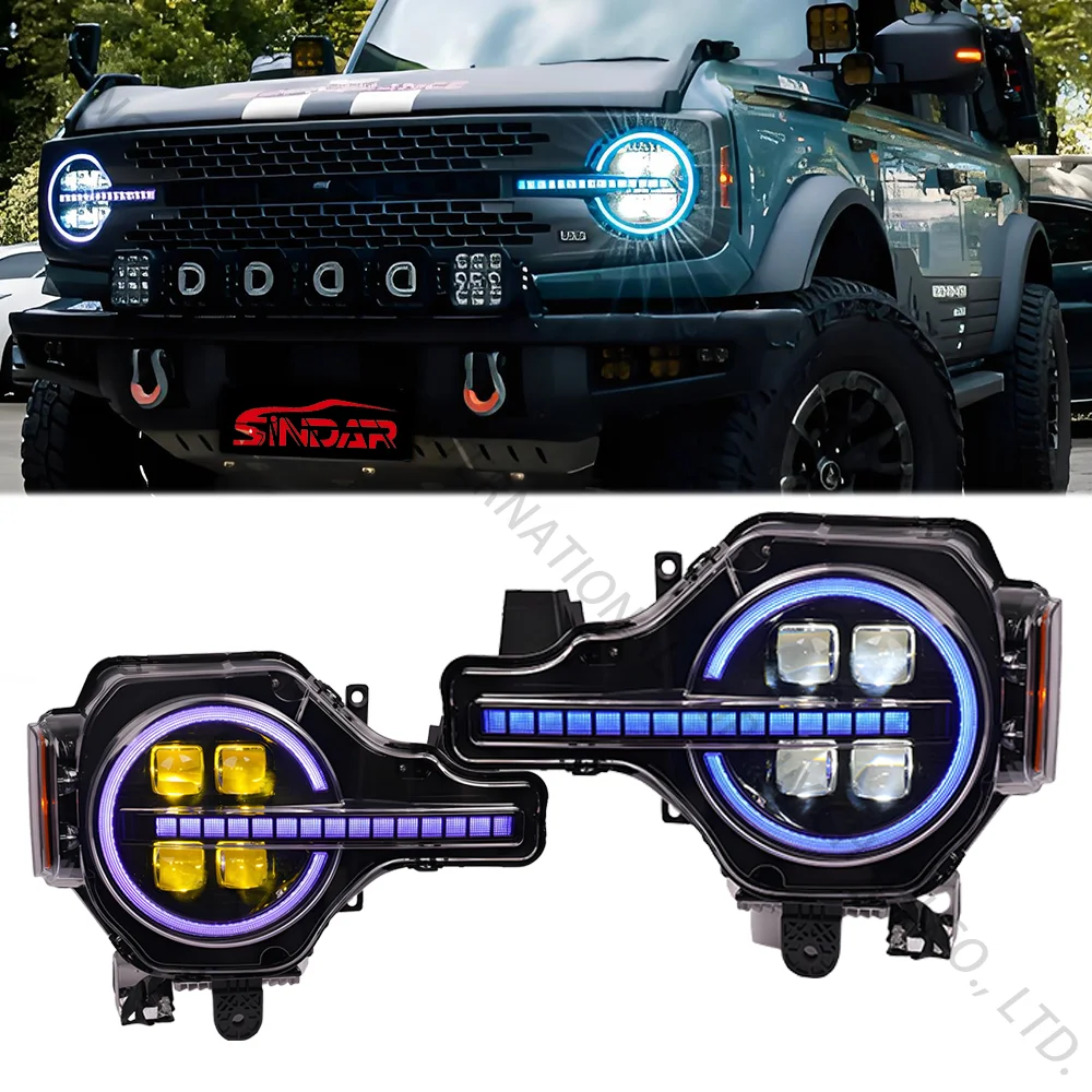 

SINDAR Parts RGB Headlights Modification 4 Lens for Ford Bronco 2021-2025 6 Gen Car LED Lights New Design Lamps 2022 2023 2024