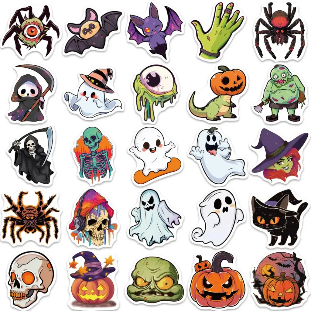 50pcs Cartoon Halloween Ghost Skull Pumpkin Decals for Kids Notebook Laptop Fridge Guitar Sticker Toy