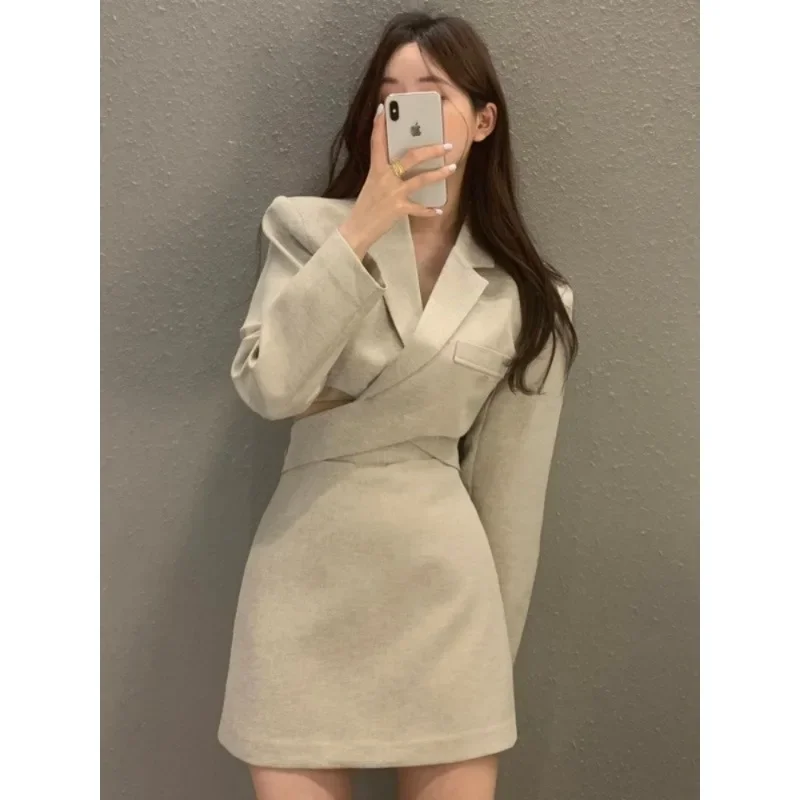 Jacket Skirt Two Piece Sets Long Sleeve V-neck Coat Suit Autumn+ Mini Skirts Korean Office 2pc Set Elegant Suit