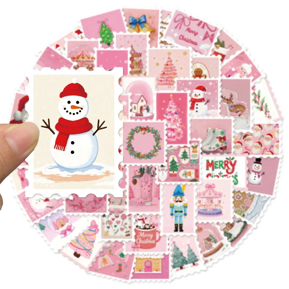 50PCS Pink Christmas Stamp Fun Sticker Set DIY Booklet Scrap Book Decorative Notebook Water Cup Christmas Label Stickers