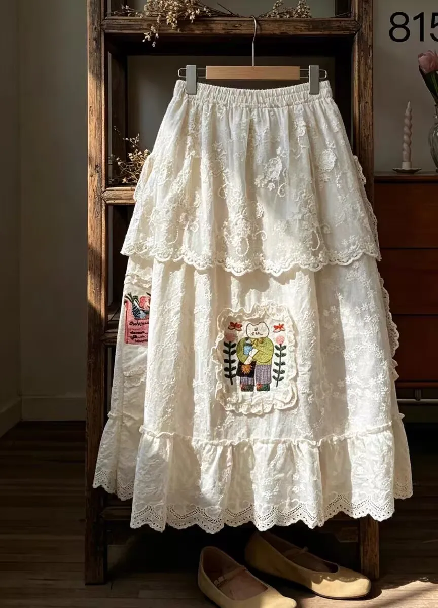 Japanese Style Cartoon Elastic Waist Embroidery Skirts Vintage Mori Kei Sweet Cotton Lolita Long skirts