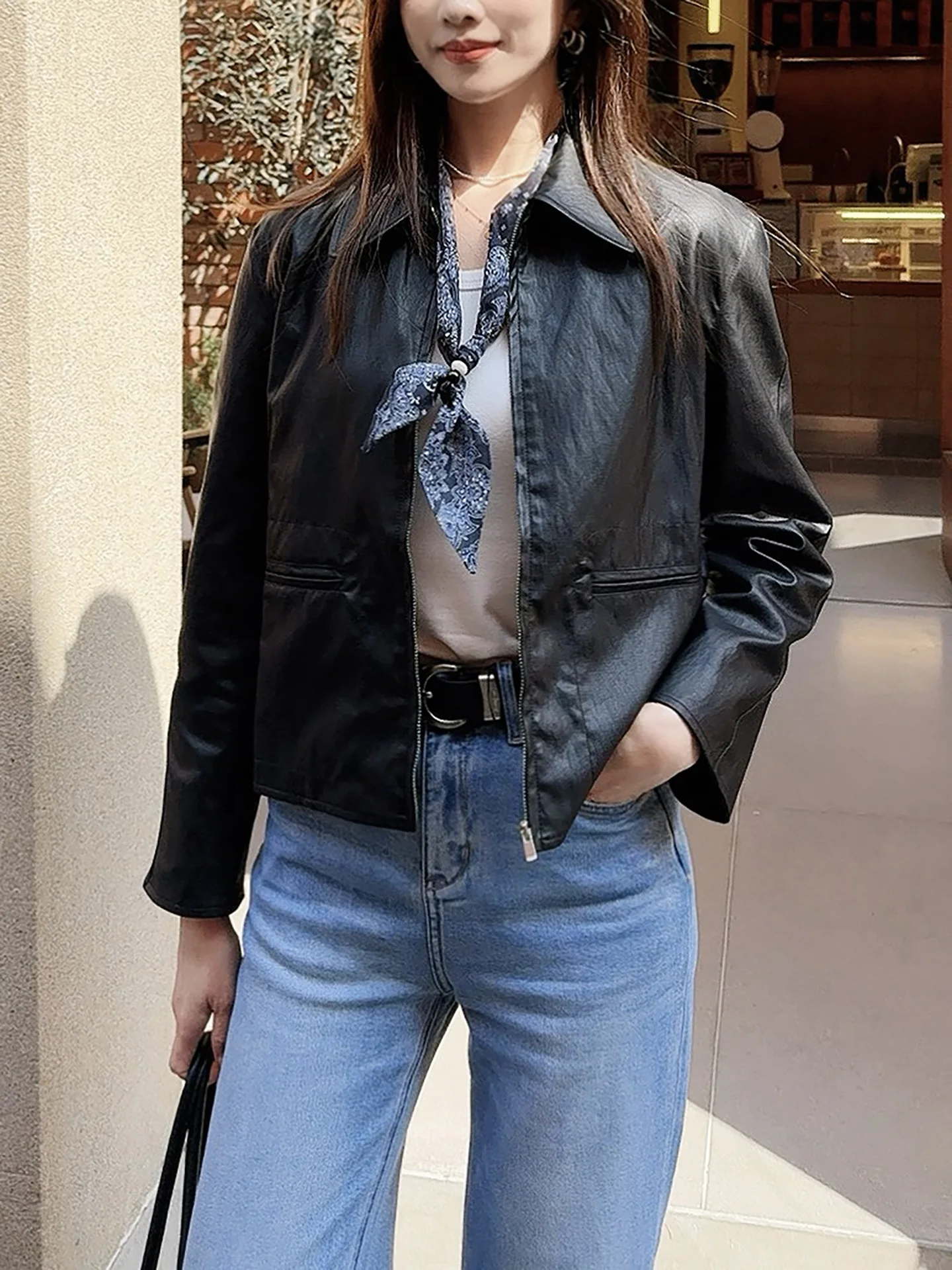 

Studiomcc Simple Retro Collar Leather Jacket Women's Small Size Spring 2026 Style Street Fashion Zipper Sleeve Long Coat