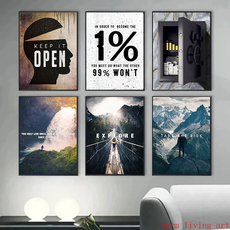 Motivational Quotes Success Art Poster Mindset Is Everything,take The Risk Canvas Painting Wall Print Picture Office Home Decor