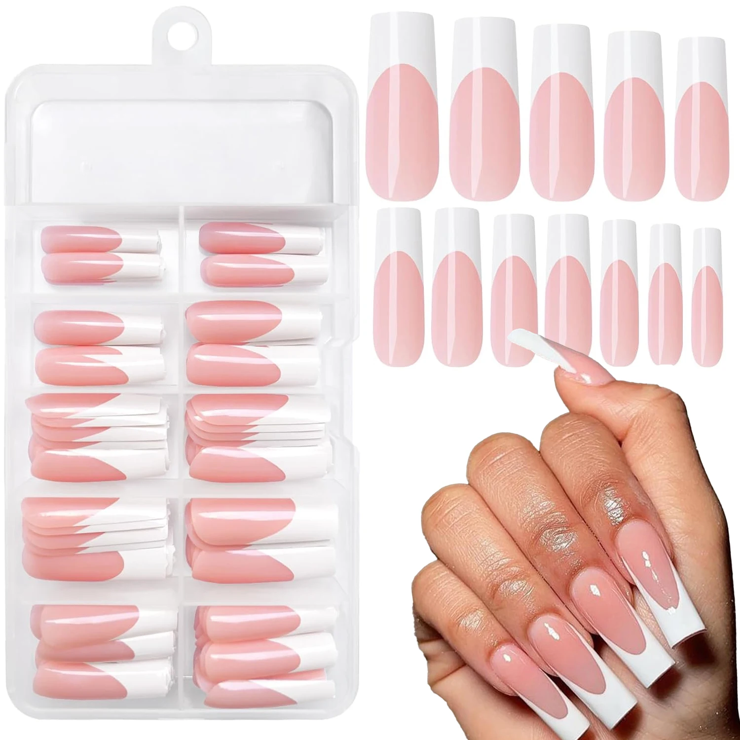 120Pcs Long Press on Nails Square Nude French Fake Nails, Glossy Long False Nails Press Acrylic Stick on Nails for Women Girls