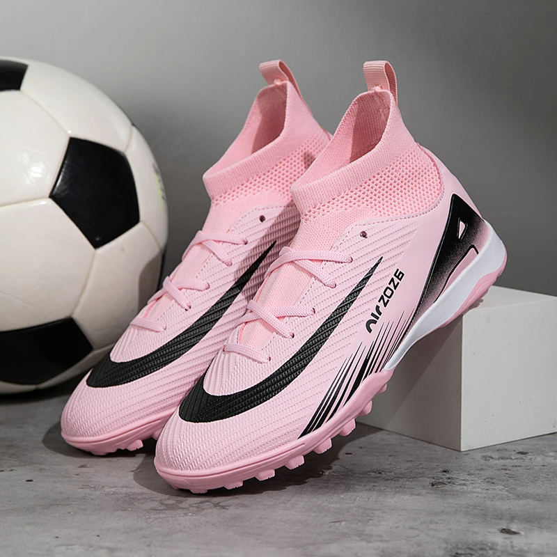 

New Pink Football Field Boots Boys Trainers Outdoor Turf Soccer Boots Children High Top Football Sneakers Kids chuteira de campo
