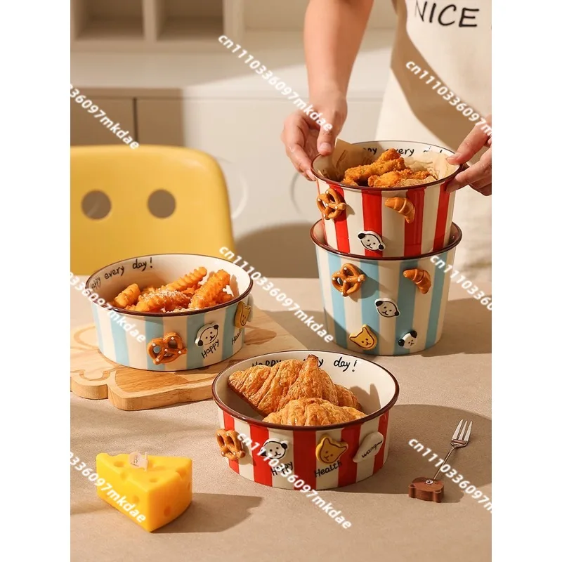 Creative striped cute popcorn bowl, ceramic instant noodle bowl with lid, high-value children's fried chicken and chips bowl