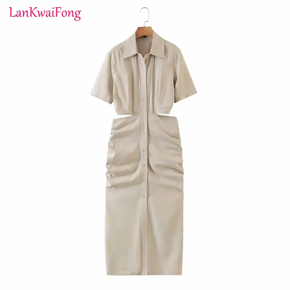 . New Casual Women's Dress Hollow Waist Slim Fit Holiday Style Single Row Button Shirt Style Dress Wholesale